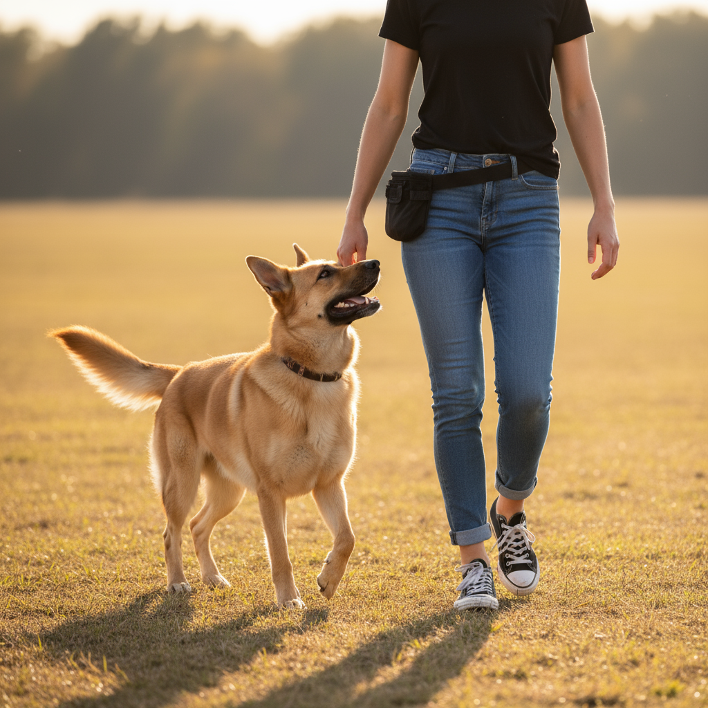female athletic person walks, black shirt, blue jeans fitted at the hip and loose in the lower leg, rolled up just above the ankle, no holes in jeans, no socks, black low converse all stars, black treat pouch on her left. Lean tall golden colored german shepherd mix with short hair and slightly dark mask walks in heel position next to person's left side, facing same direction, dog looks up at person, high wagging tail, relaxed face. Only shoes to hip of person visible. Field setting, warm ambient light. Dog looks up at person.